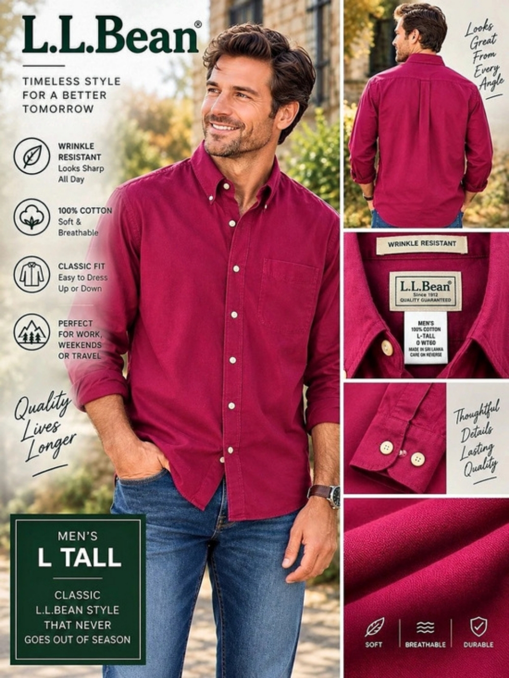 L.L.Bean Men’s L Tall Wrinkle Resistant Button Down Shirt Berry Pink Cotton